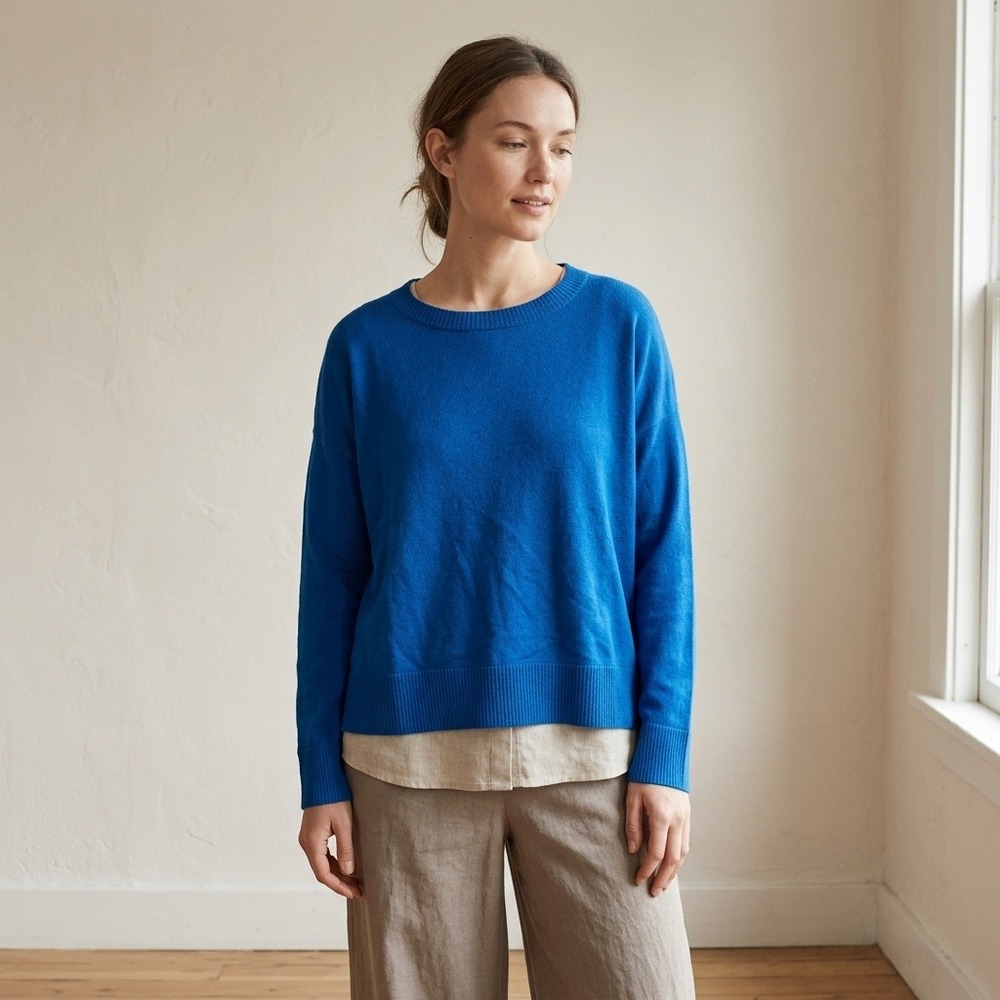Eileen Fisher Womens Sweater XS Blue Merino Wool Crew Neck Drop Shoulder Relaxed